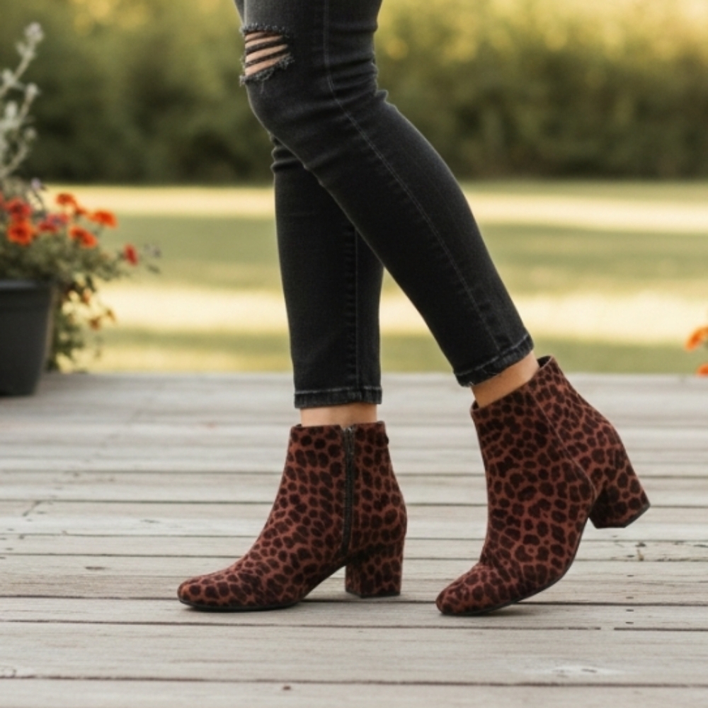 H London Leopard Print Velvet Booties Heeled Ankle Boots Zip Up Velour 38 7.5 8